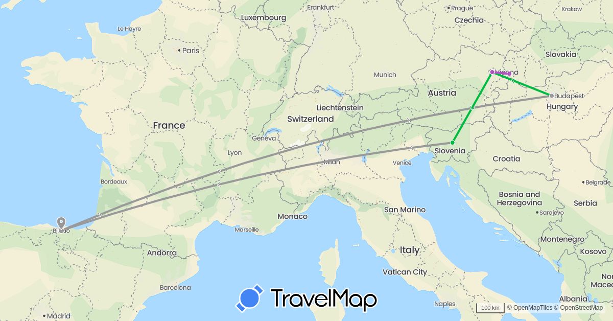 TravelMap itinerary: driving, bus, plane, train in Austria, Spain, Hungary, Slovenia, Slovakia (Europe)